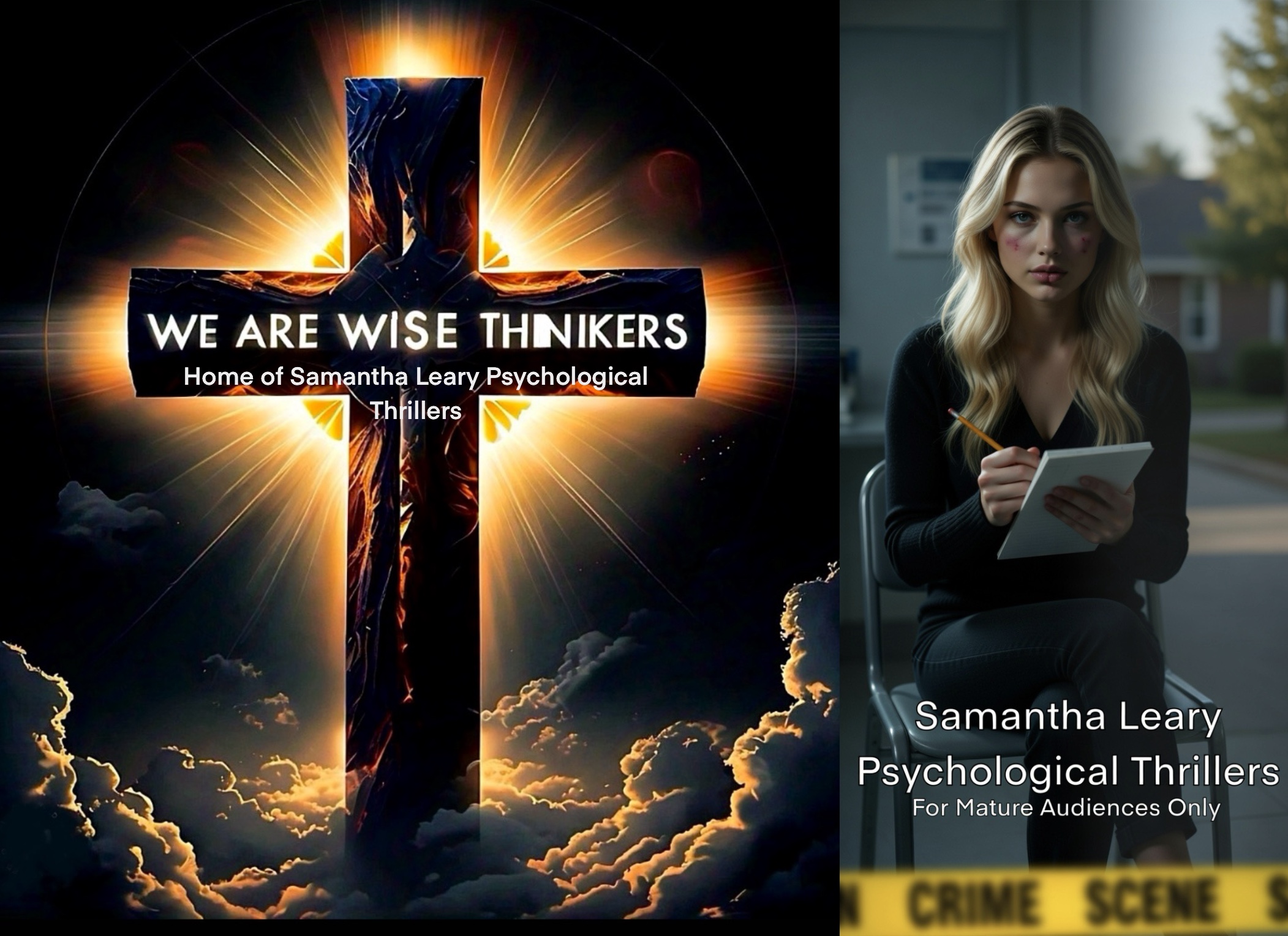 Samantha Leary sitting on a chair with a notebook and tablet, blood on her face, crime scene tape behind her, suburban neighborhood in the background, looking tense and thoughtful.